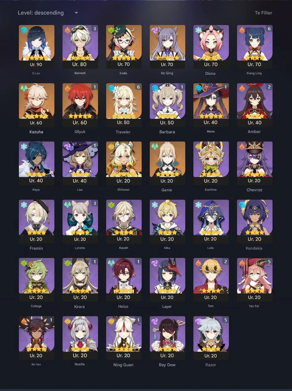 GI1342 Yelan Kazuha Emilie Keqing Mona Jean DilucC1 Xilonen + 3x 5 stars Weapons + 26x 4 stars Characters 